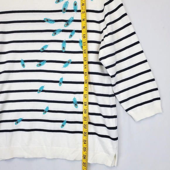 Talbots Knit Sweater Embroidered Peacock Feathers Women XLP Cream Black Stripe - Picture 3 of 9